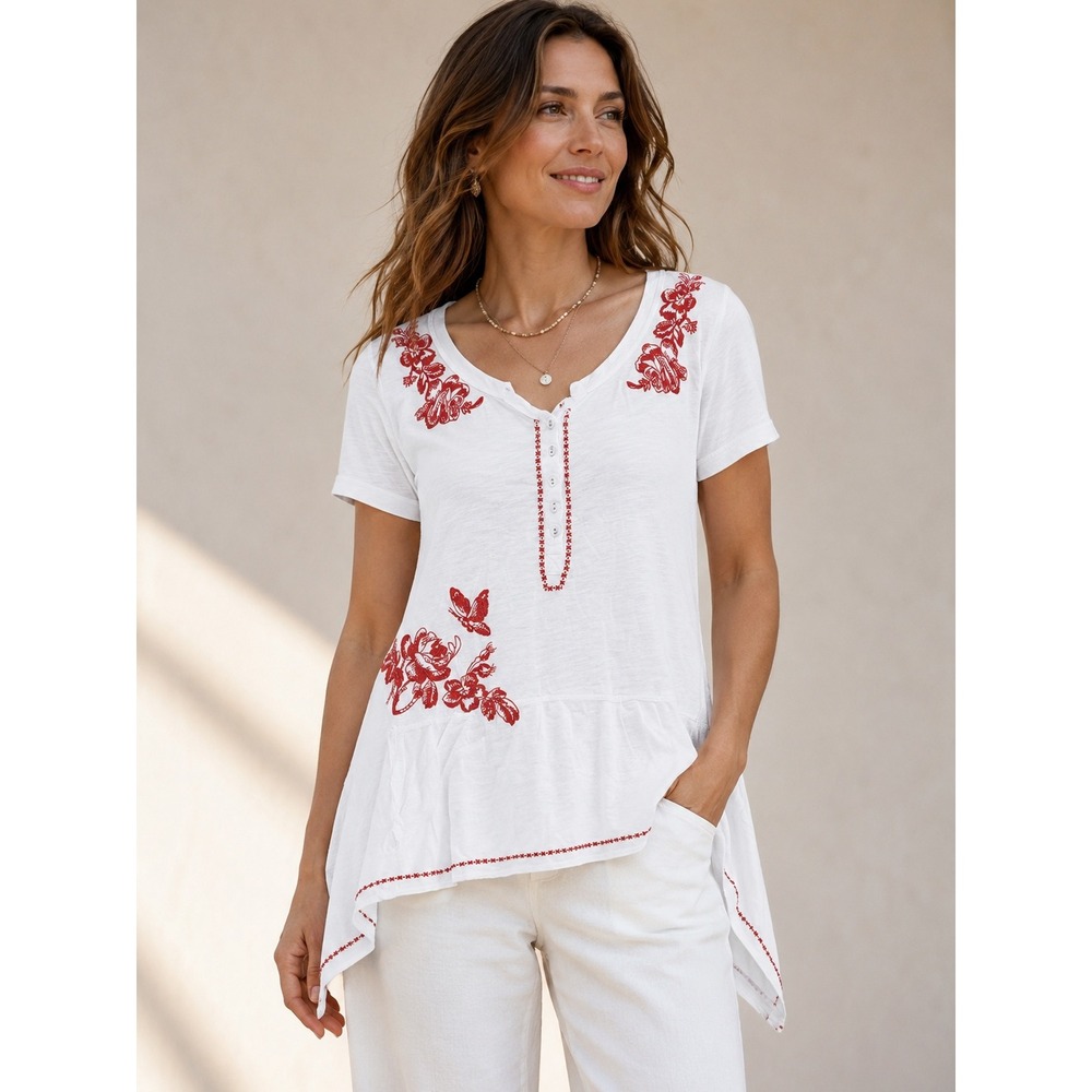 Johnny Was Small JW Los Angeles White Red Floral Embroidered Henley Top Boho
